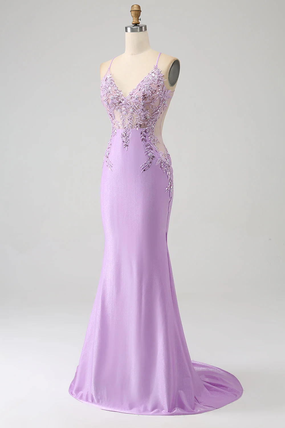 Robes de soirée perlées à col en V lilas sirène dos ouvert avec appliques - Image 5
