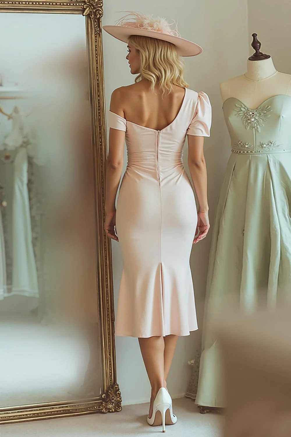 Sirène Une Épaule Candy Rose Midi Robe Mère De La Mariée - Image 2