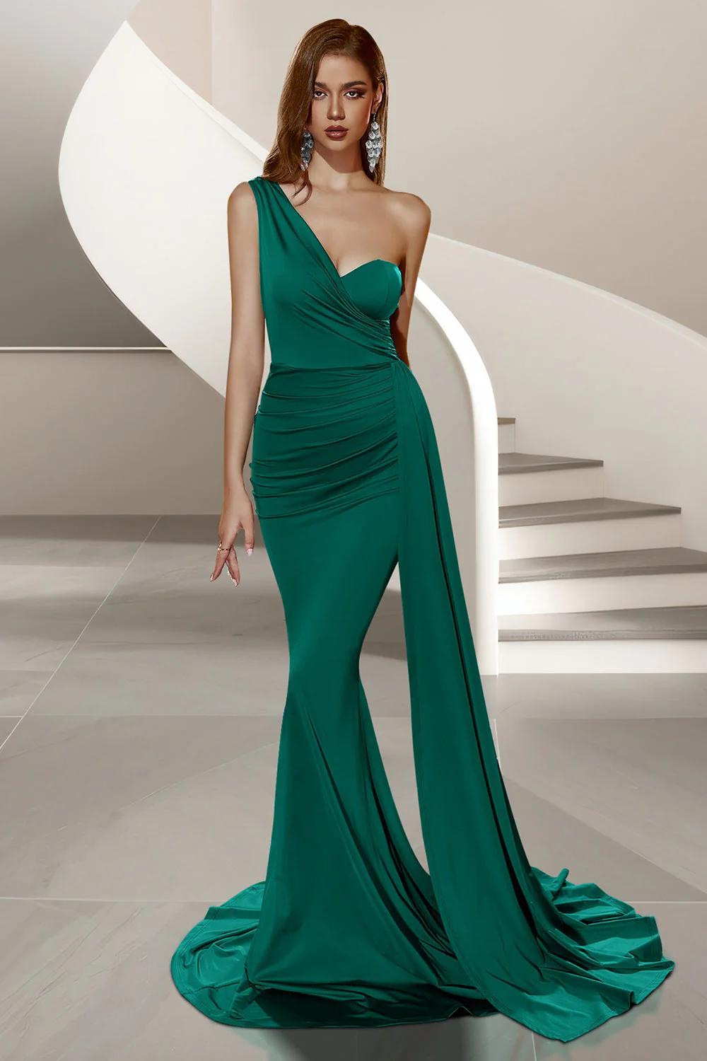 Sirène vert foncé à une épaule balayage traîne robe de bal - Image 5