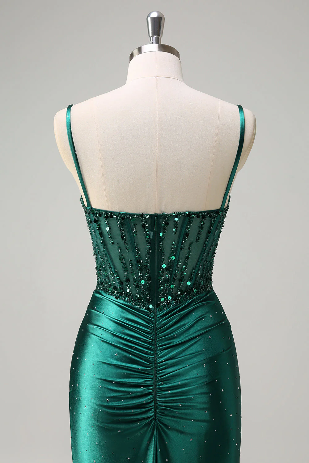 Sirène vert foncé scintillant spaghetti bretelles corset robe de bal perlée avec fente - Image 5