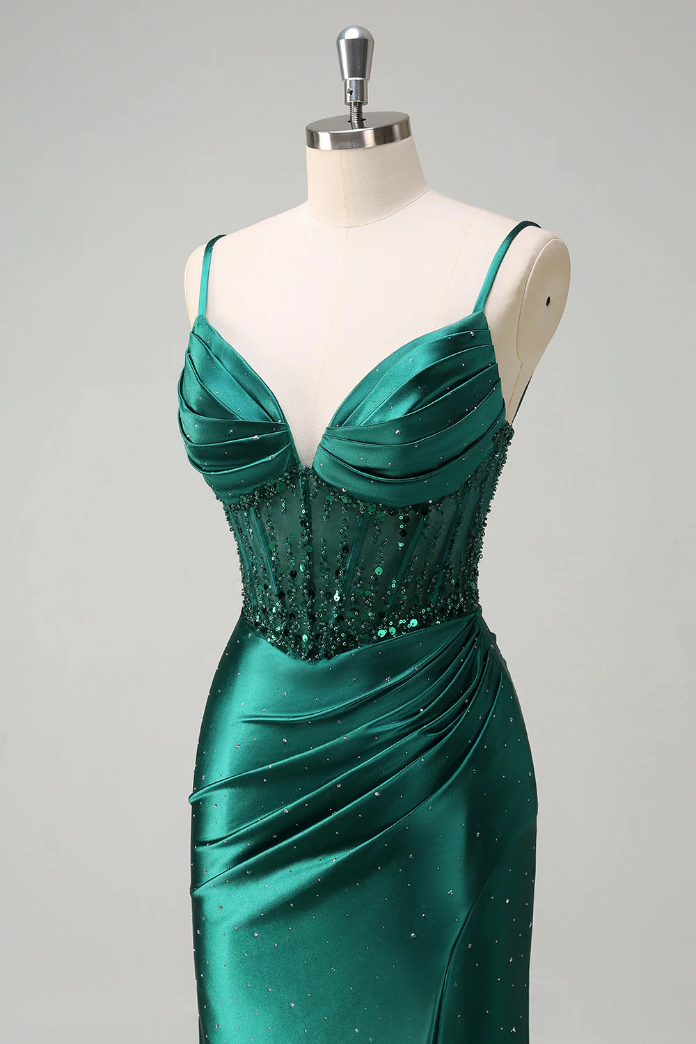 Sirène vert foncé scintillant spaghetti bretelles corset robe de bal perlée avec fente - Image 6