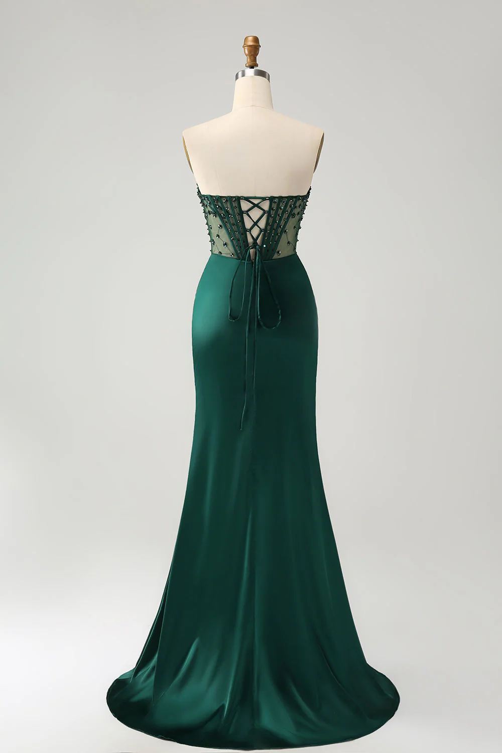 Robe de soirée longue sirène vert foncé scintillante sans bretelles avec corset perlée et fente - Image 2