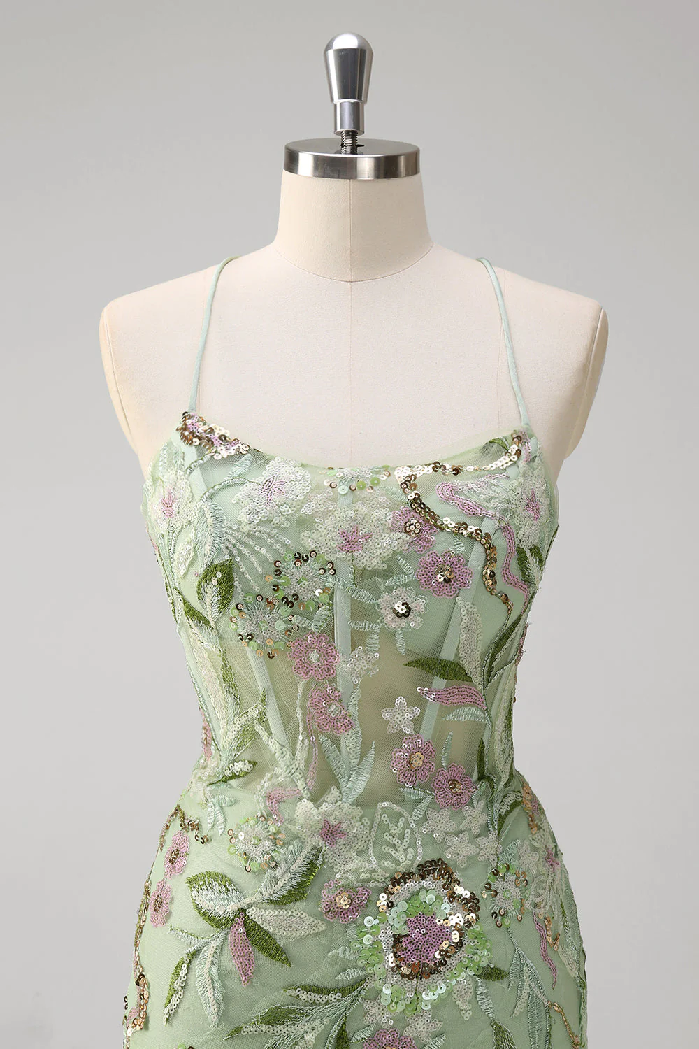 Robe de soirée longue sirène verte dos nu avec corset appliqué et fente - Image 4