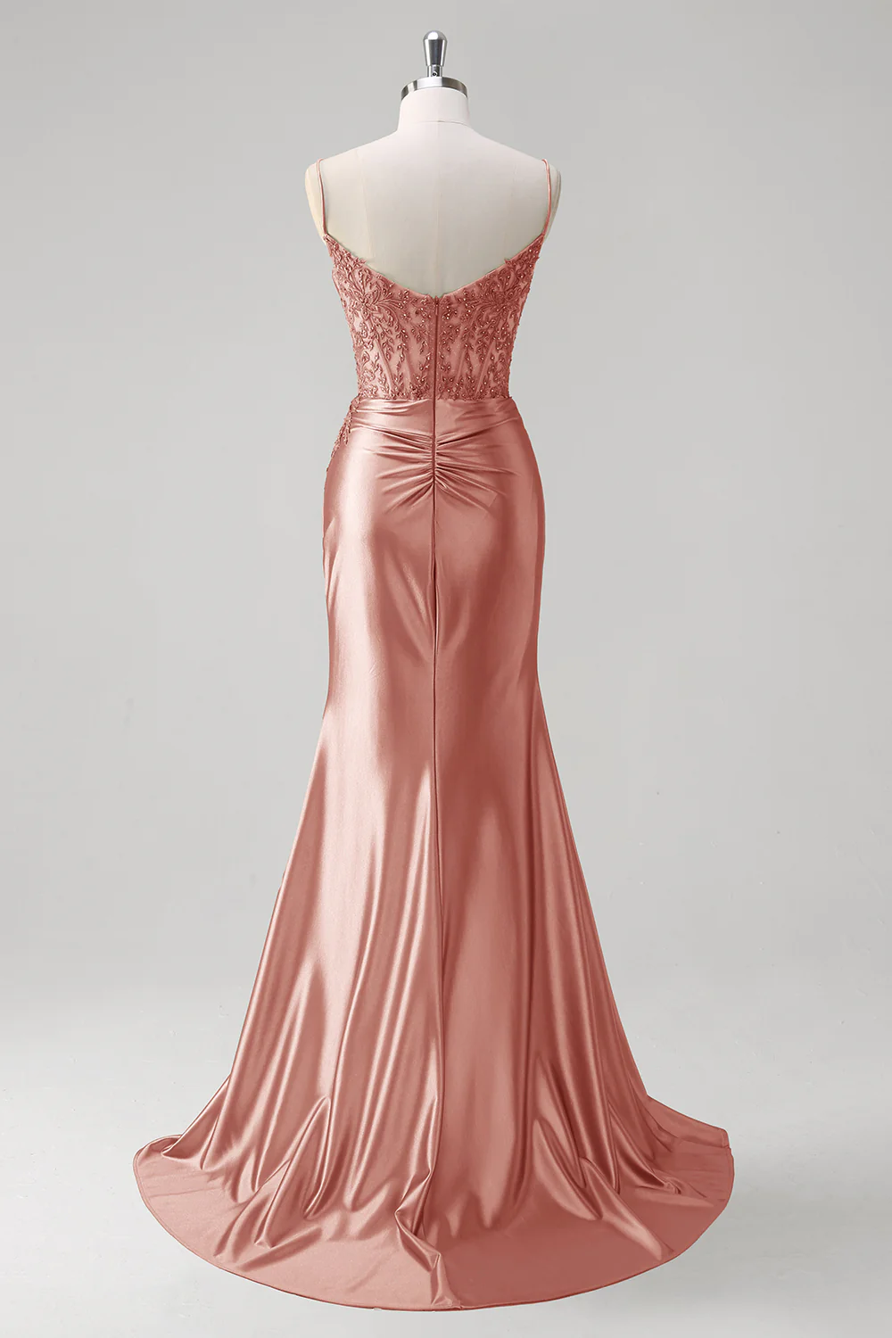 Robe de soirée sirène verte à bretelles spaghetti et corset plissé - Image 11