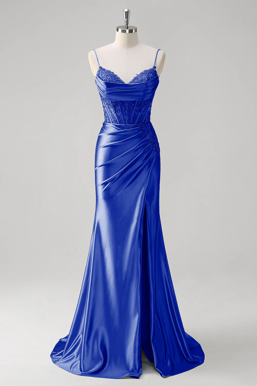 Robe de soirée sirène verte à bretelles spaghetti et corset plissé - Image 12