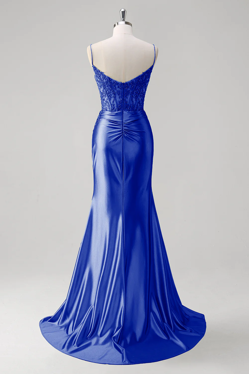 Robe de soirée sirène verte à bretelles spaghetti et corset plissé - Image 13