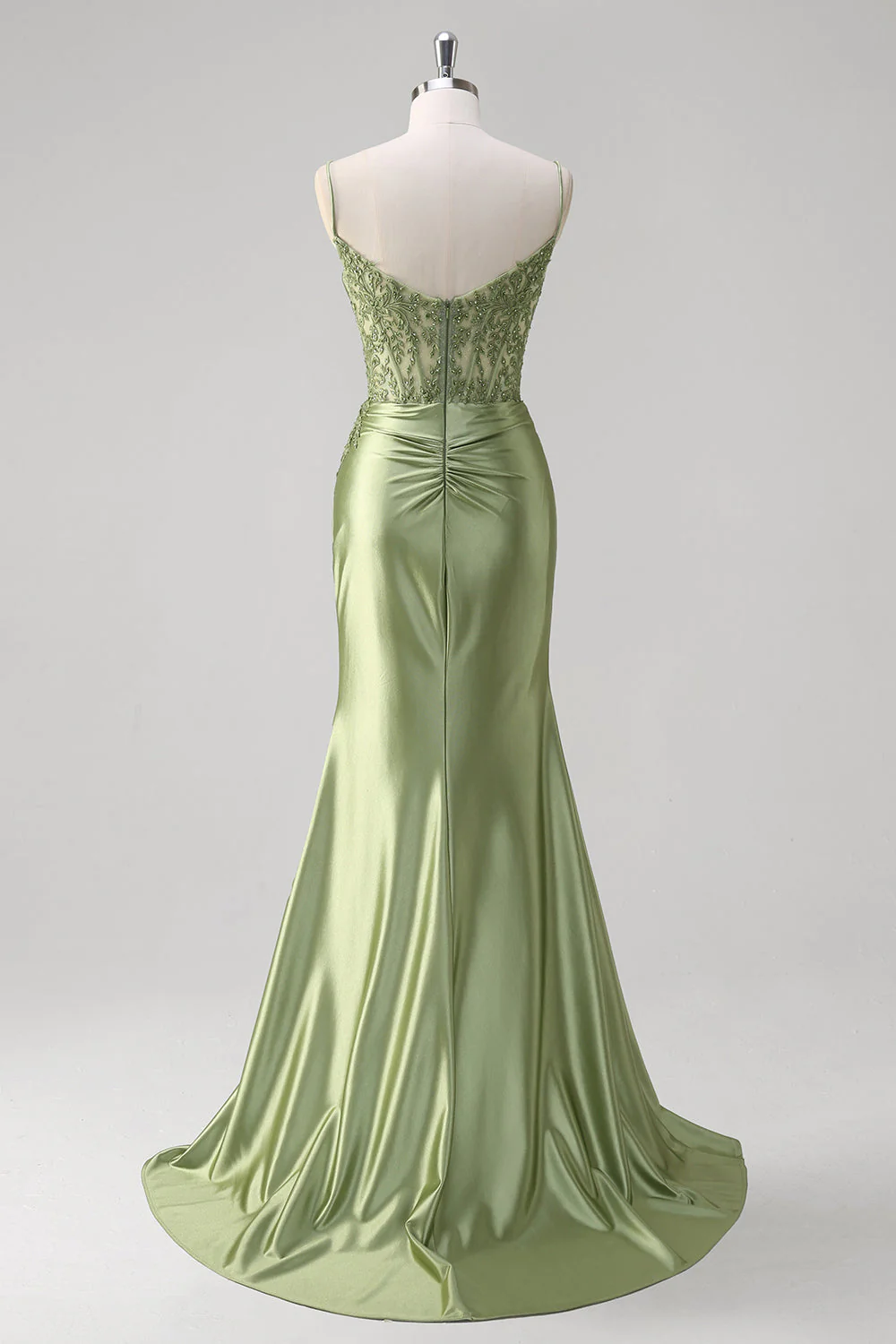 Robe de soirée sirène verte à bretelles spaghetti et corset plissé - Image 2