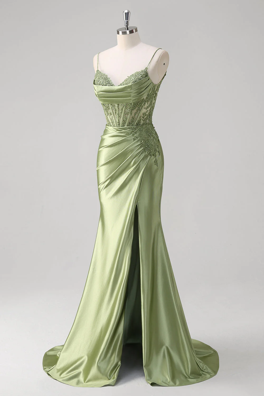 Robe de soirée sirène verte à bretelles spaghetti et corset plissé - Image 3