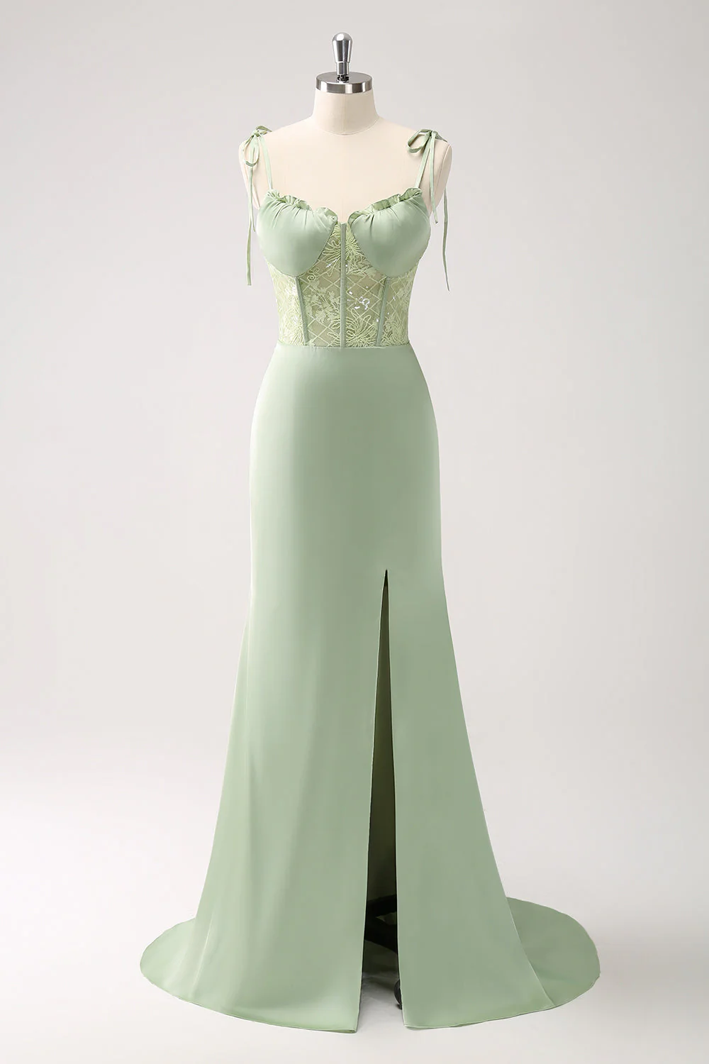 Sirène verte spaghetti bretelles Satin longue robe de demoiselle d’honneur avec fente