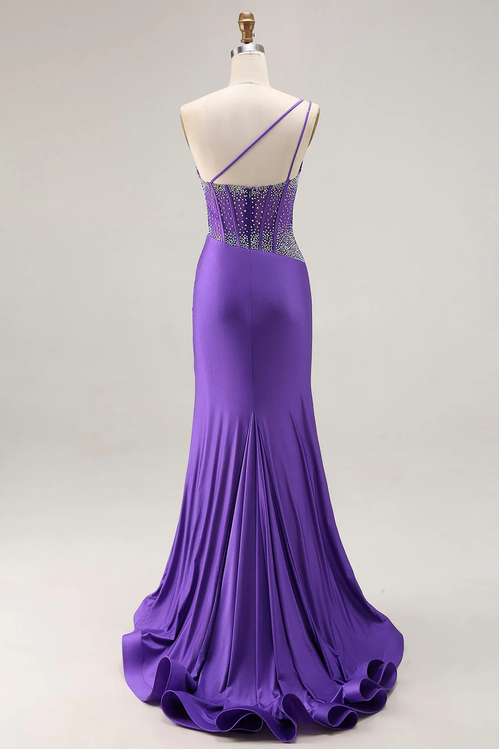 Robe de soirée longue sirène violet foncé à une épaule avec corset orné de perles - Image 2