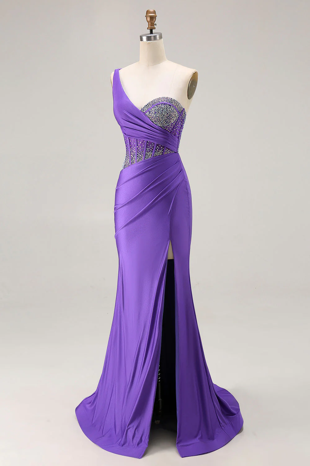 Robe de soirée longue sirène violet foncé à une épaule avec corset orné de perles - Image 3