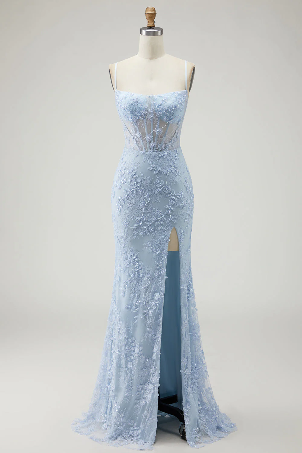 Robe de soirée sirène violette à bretelles fines corset transparent dentelle perlée avec fente - Image 8