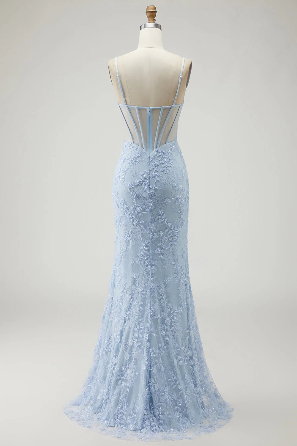 Robe de soirée sirène violette à bretelles fines corset transparent dentelle perlée avec fente - Image 9