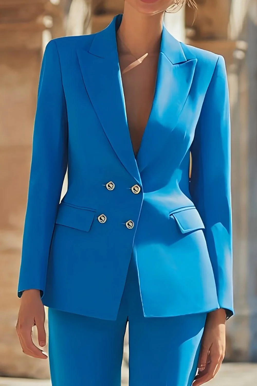 Slim Fit Bleu 2 pièces à revers en pointe Double boutonnage Costumes pour femmes - Image 3