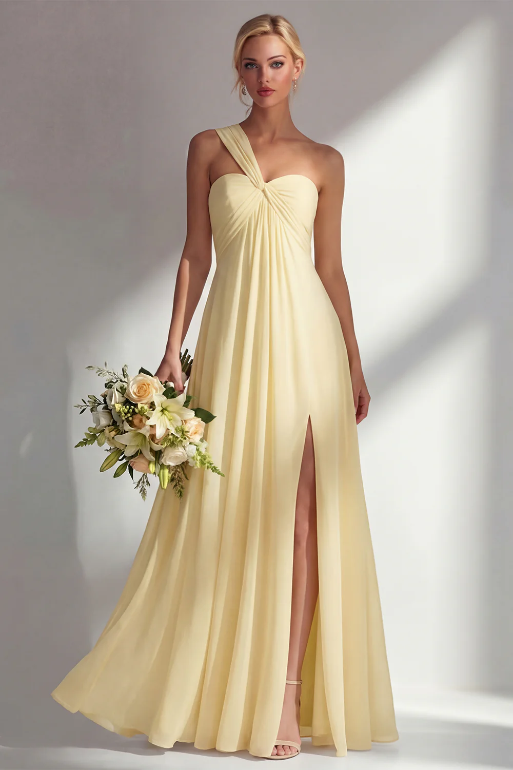 Sorbet au citron Une robe longue longue de demoiselle d’honneur décapotable en chiffon A Line - Image 3