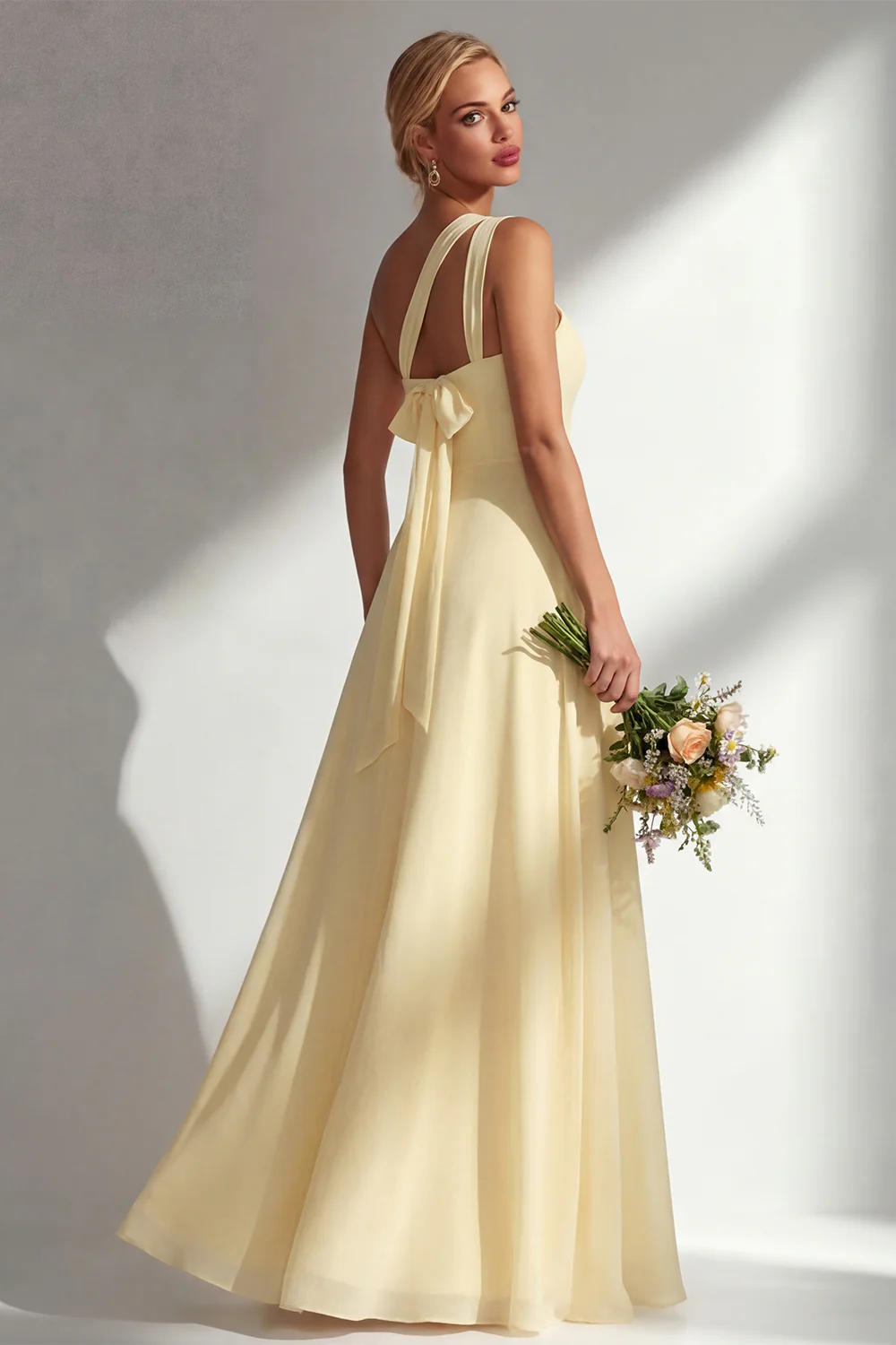 Sorbet au citron Une robe longue longue de demoiselle d’honneur décapotable en chiffon A Line - Image 4