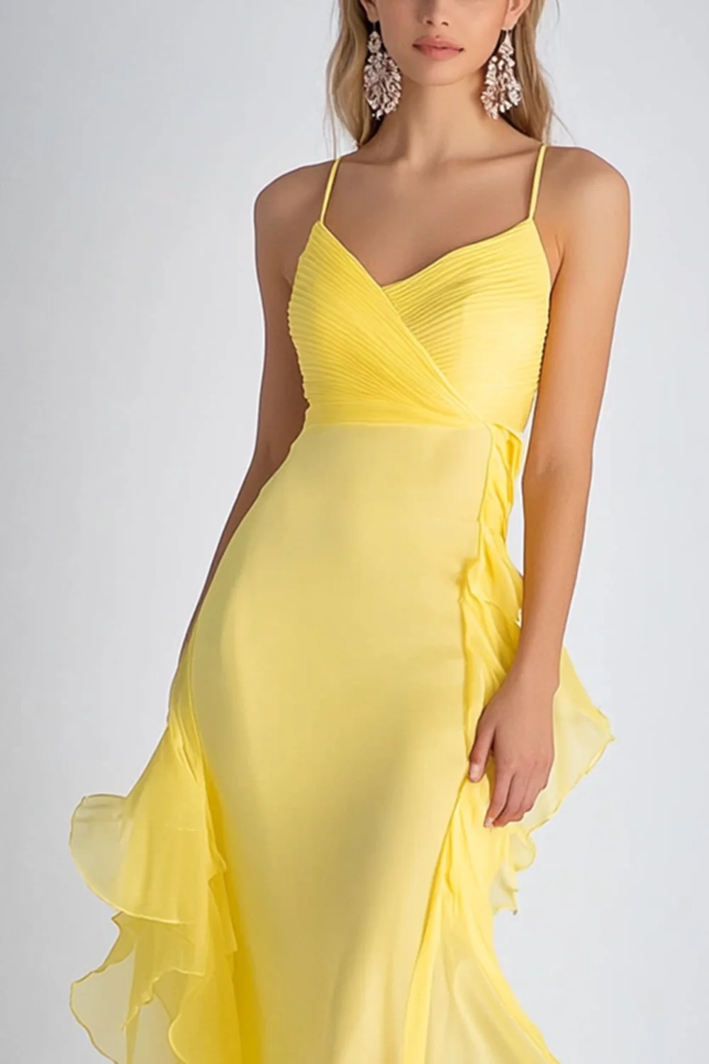 Spaghetti bretelles jaune clair Sirène Mousseline de soie Robe longue d’invitée de mariage - Image 2
