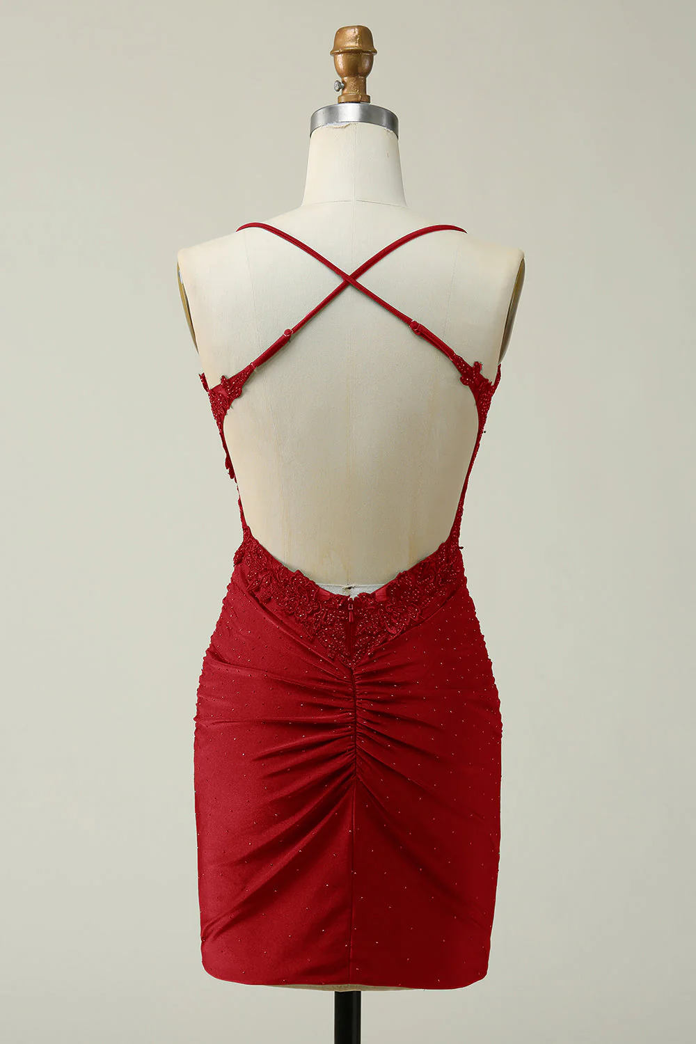 Spaghetti fourreau Straps Rouge foncé Robe courte Cocktail avec appliques - Image 2