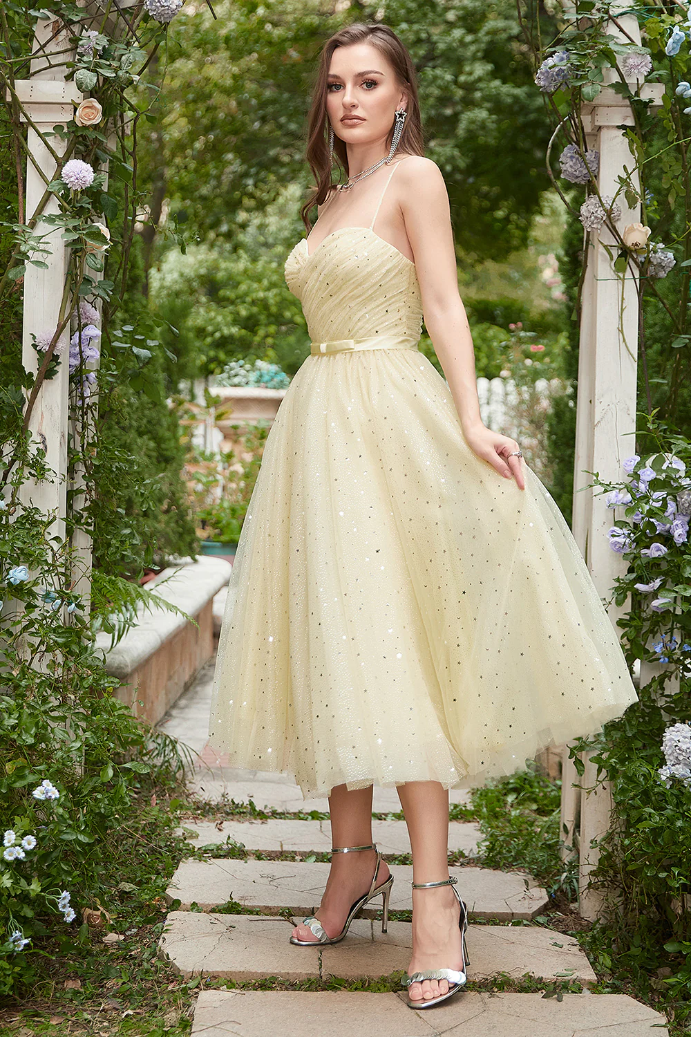 Spaghetti Jaunes Straps Tea Length Prom Dress - Image 5