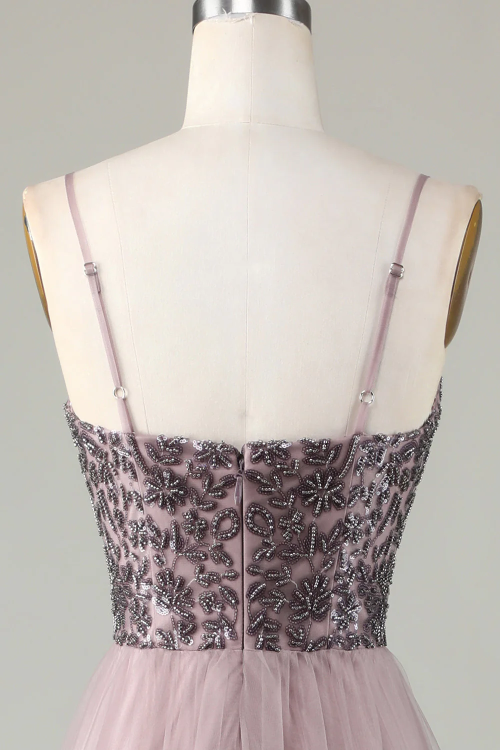 Spaghetti perlés Straps Robe de demoiselle d’honneur bleu poussiéreux - Image 11