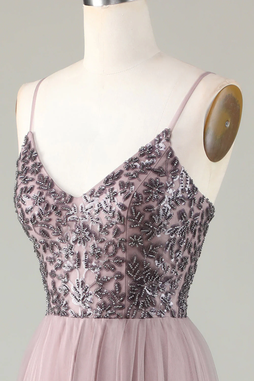 Spaghetti perlés Straps Robe de demoiselle d’honneur bleu poussiéreux - Image 12
