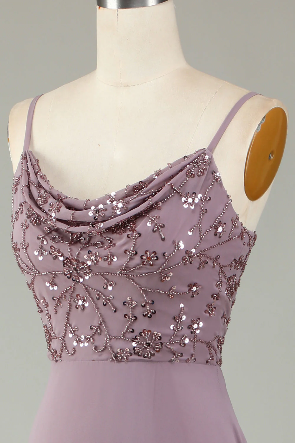 Robe de demoiselle d'honneur rose poudré à bretelles spaghetti - Image 6
