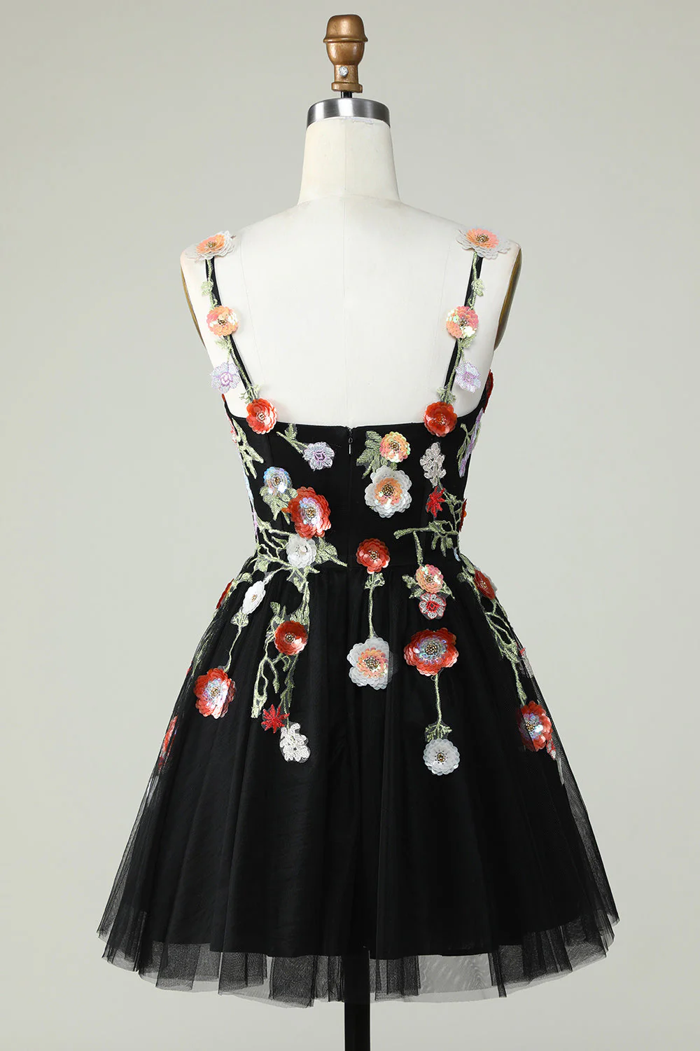 Bretelles spaghetti Robe de cocktail noire à fleurs et sequins - Image 2