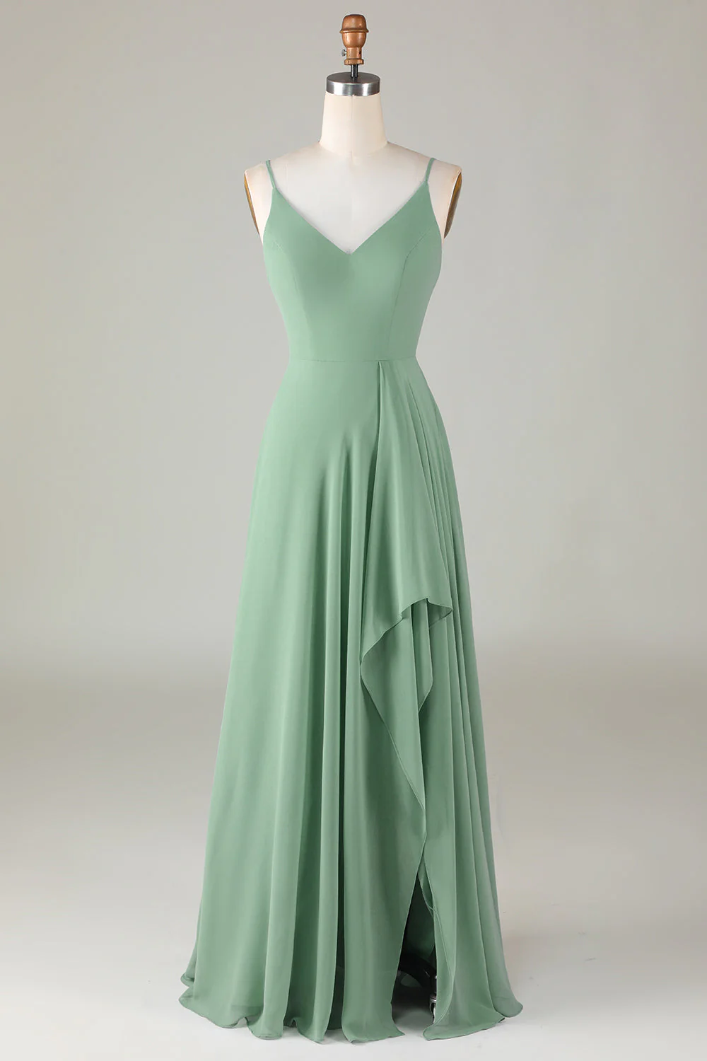 Robe de demoiselle d'honneur longue à bretelles spaghetti Matcha avec Volants