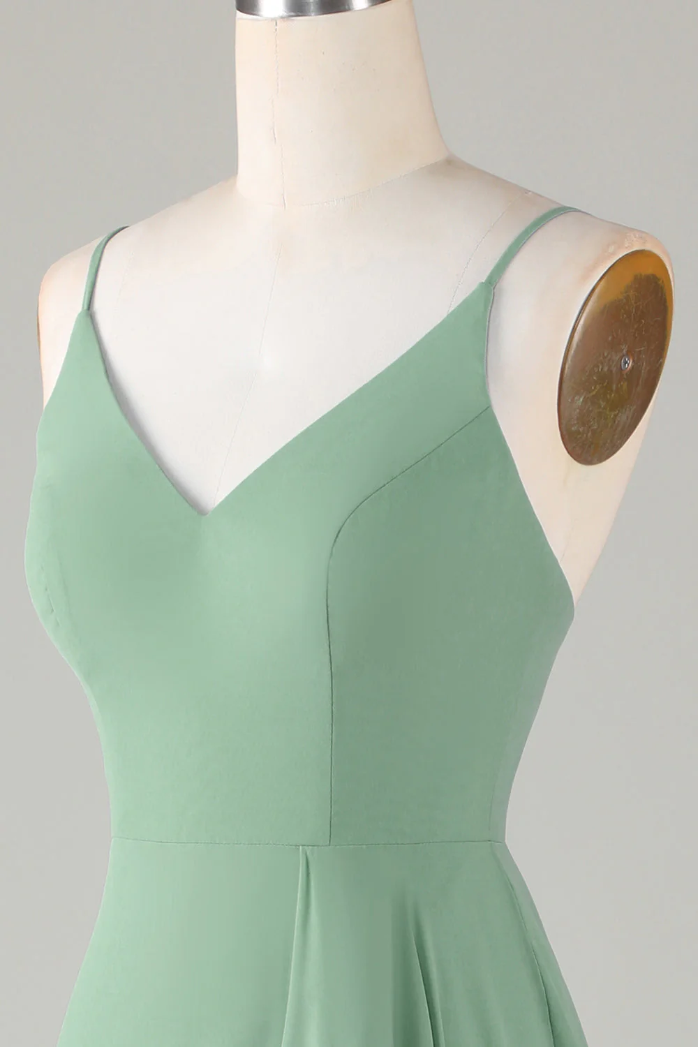 Robe de demoiselle d'honneur longue à bretelles spaghetti Matcha avec Volants - Image 6