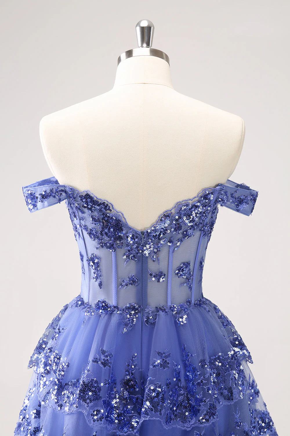 Robe de soirée à volants bleu foncé avec corset à épaules dénudées et paillettes - Image 5