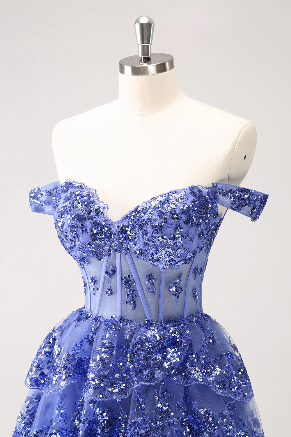 Robe de soirée à volants bleu foncé avec corset à épaules dénudées et paillettes - Image 6