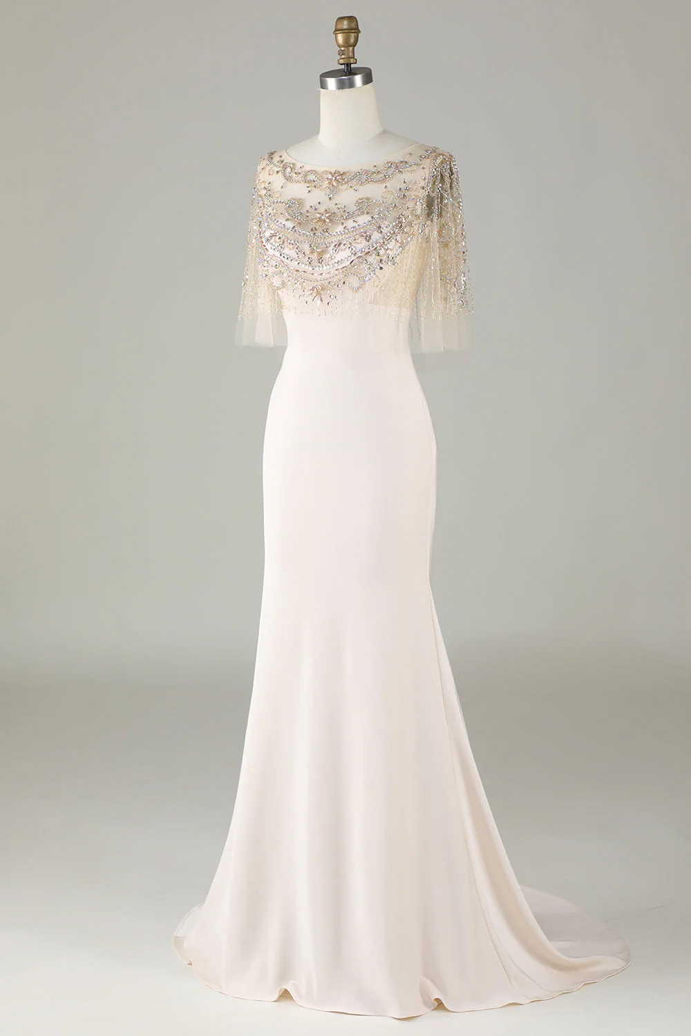 Sparkly Champagne Bateau Col Perles Sirène Robe Long Bal - Image 3