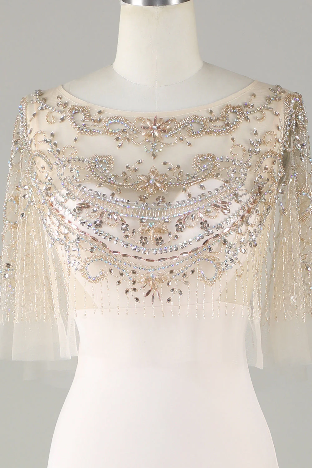 Sparkly Champagne Bateau Col Perles Sirène Robe Long Bal - Image 4