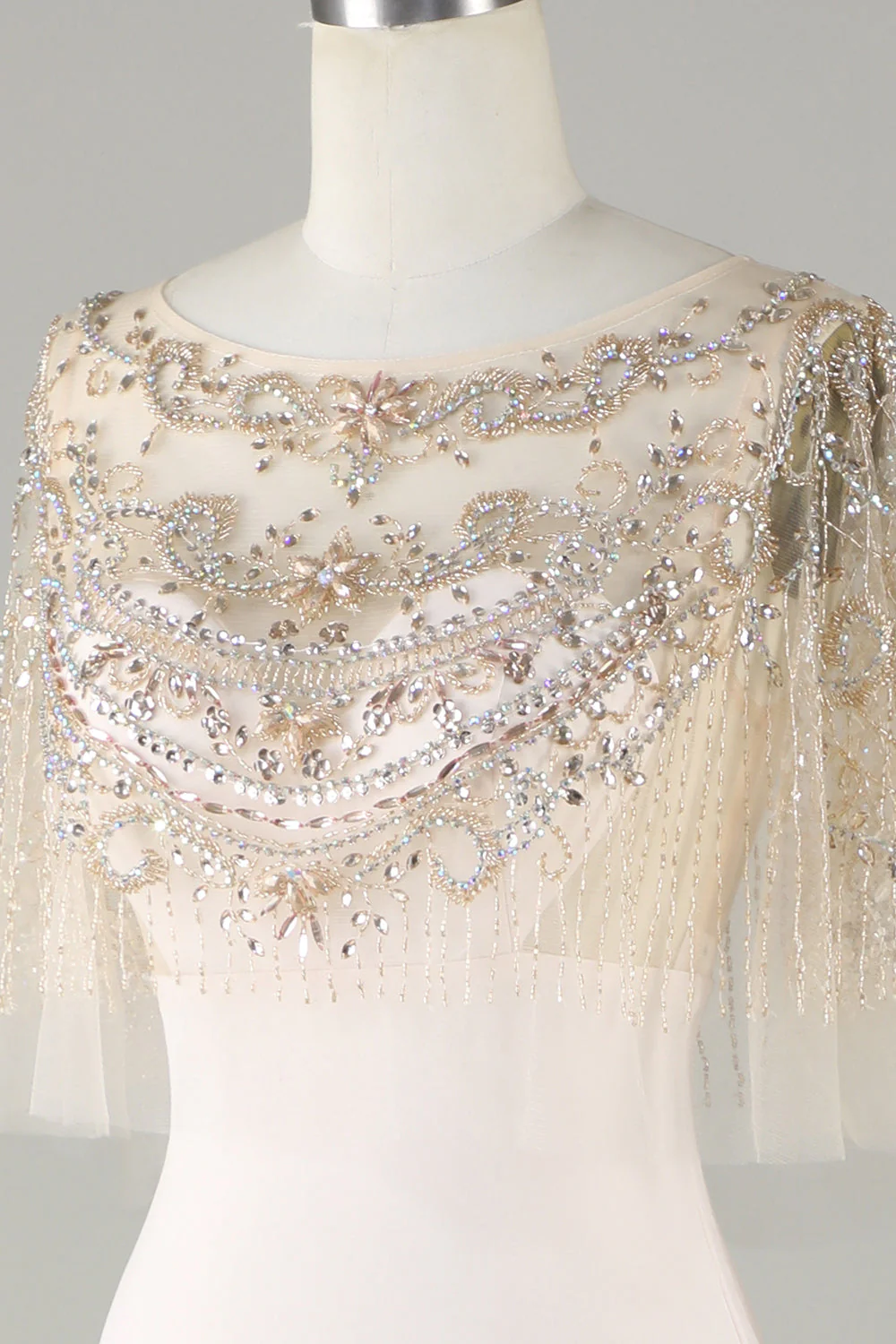 Sparkly Champagne Bateau Col Perles Sirène Robe Long Bal - Image 6