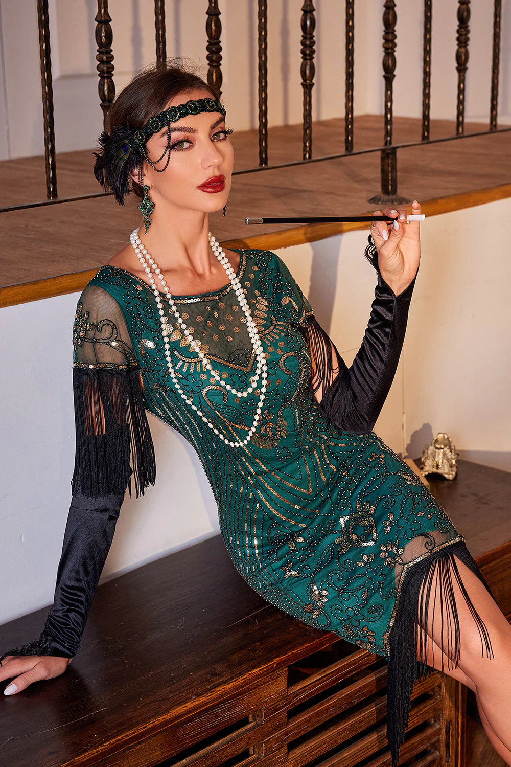 Vert foncé scintillant Cap Manches Paillettes Frangées des années 20 Robe avec Accessoires Set - Image 4
