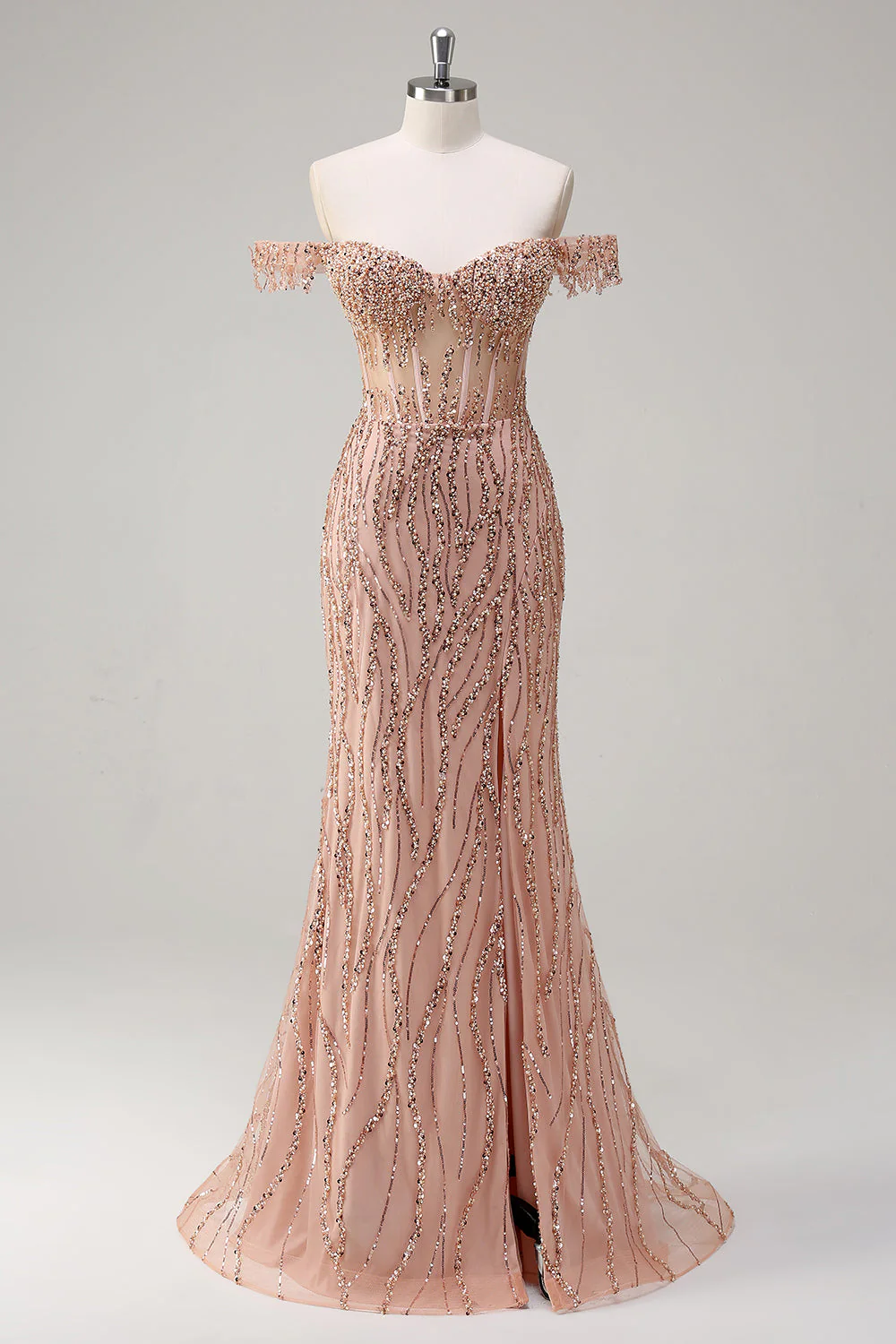 Sparkly Dusty Rose Sirène Robe de soirée Longue Épaule Dénudée Avec Fente