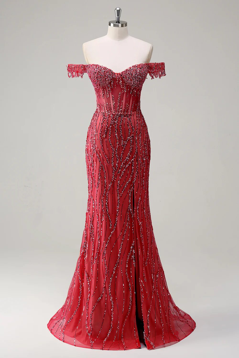 Sparkly Dusty Rose Sirène Robe de soirée Longue Épaule Dénudée Avec Fente - Image 20