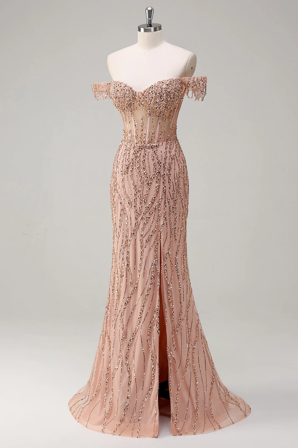 Sparkly Dusty Rose Sirène Robe de soirée Longue Épaule Dénudée Avec Fente - Image 3