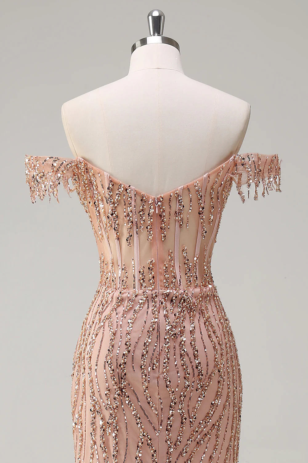 Sparkly Dusty Rose Sirène Robe de soirée Longue Épaule Dénudée Avec Fente - Image 5