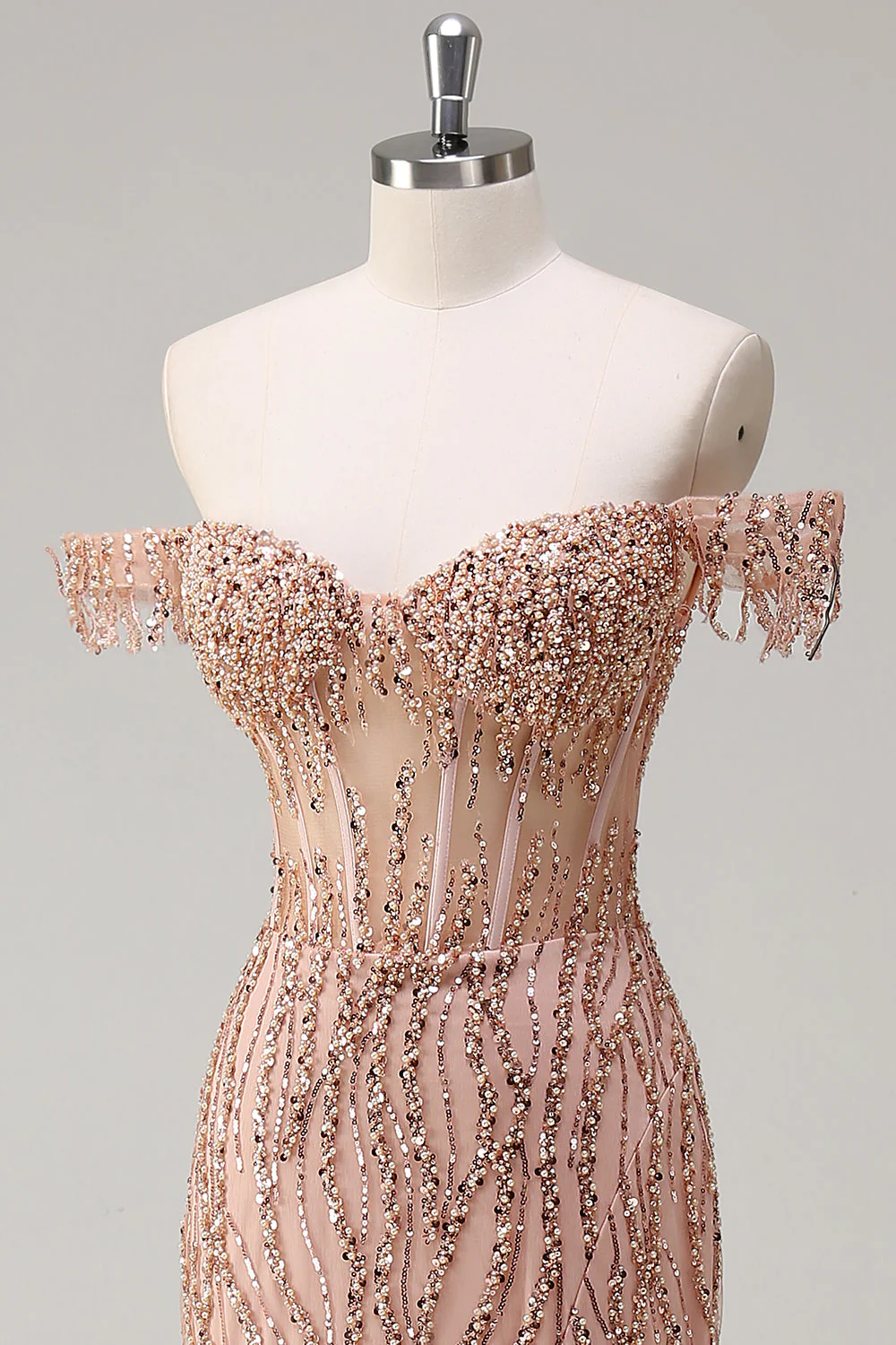 Sparkly Dusty Rose Sirène Robe de soirée Longue Épaule Dénudée Avec Fente - Image 6