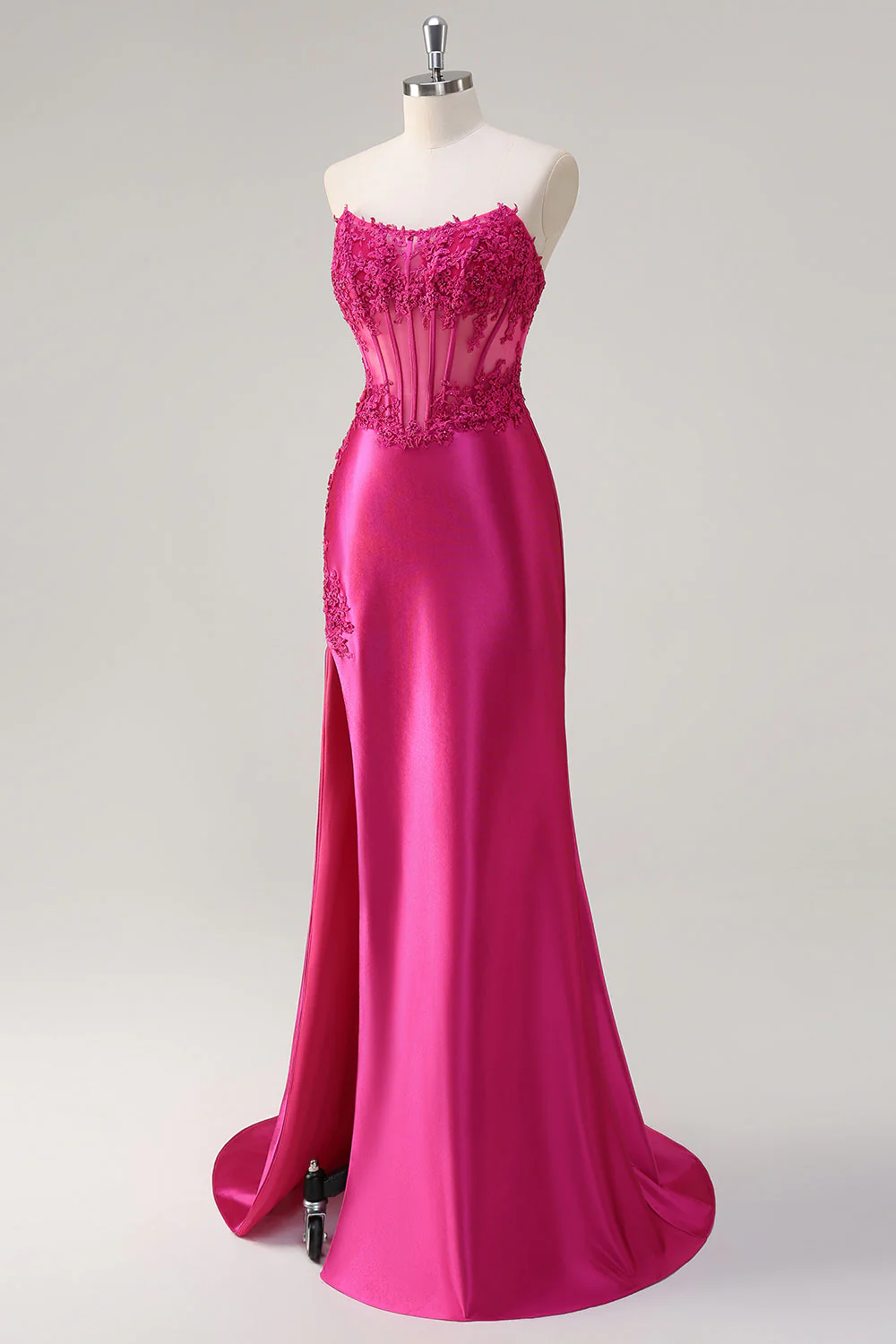 Sparkly Fuchsia Sirène Sans Bretelles Corset Appliques Robe Longue de Bal Avec Fente - Image 3