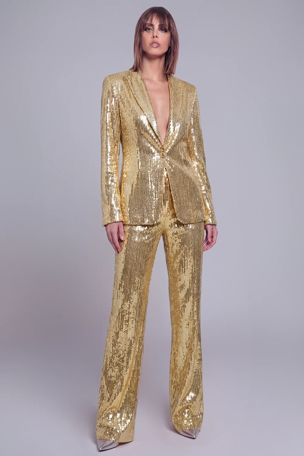Costume de soirée femme sequins doré revers pointe