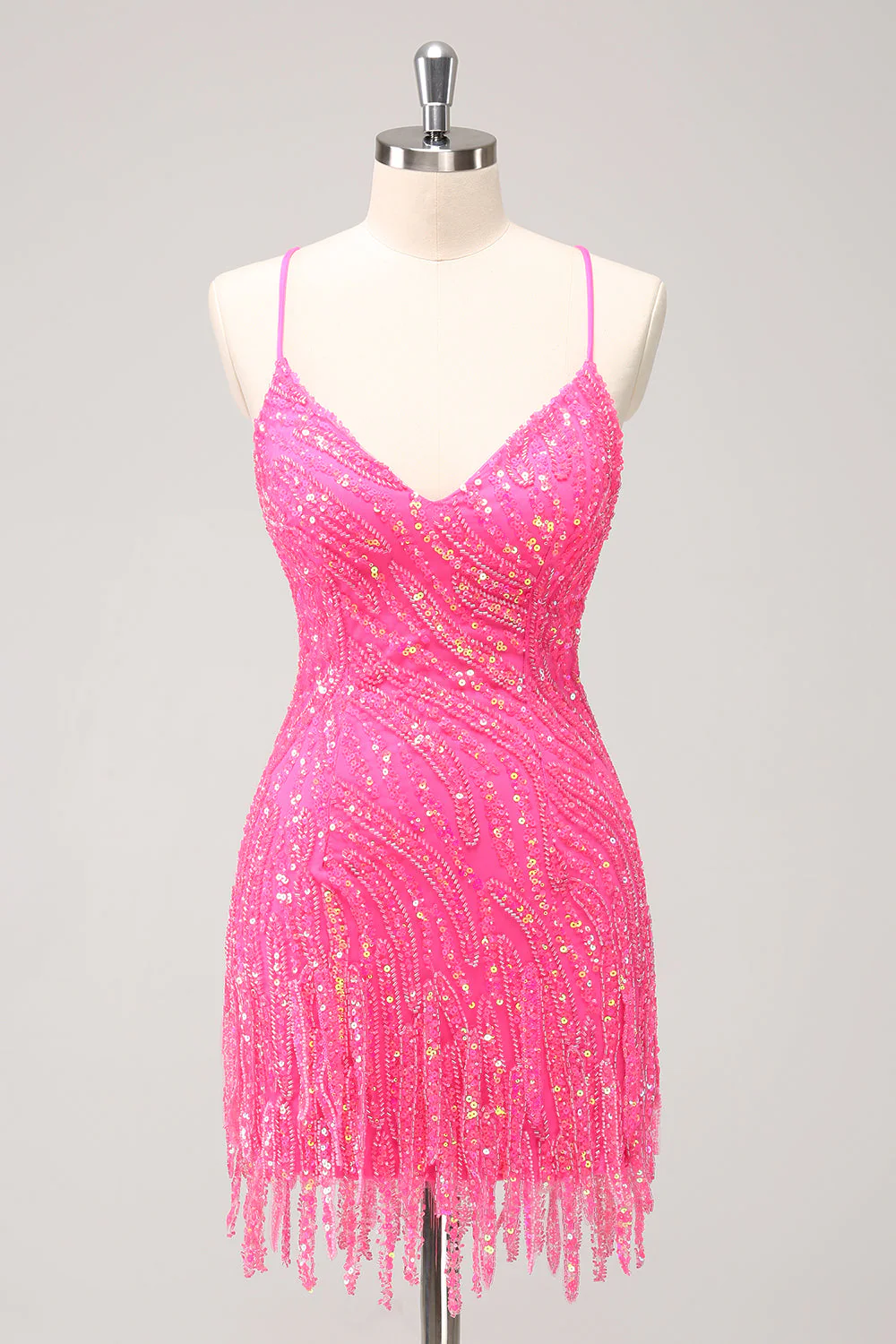 Robe moulante de bal à paillettes rose vif scintillantes avec col en V et franges - Image 7