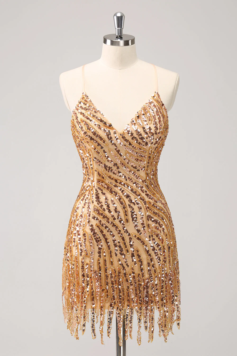 Robe moulante de bal à paillettes rose vif scintillantes avec col en V et franges - Image 9