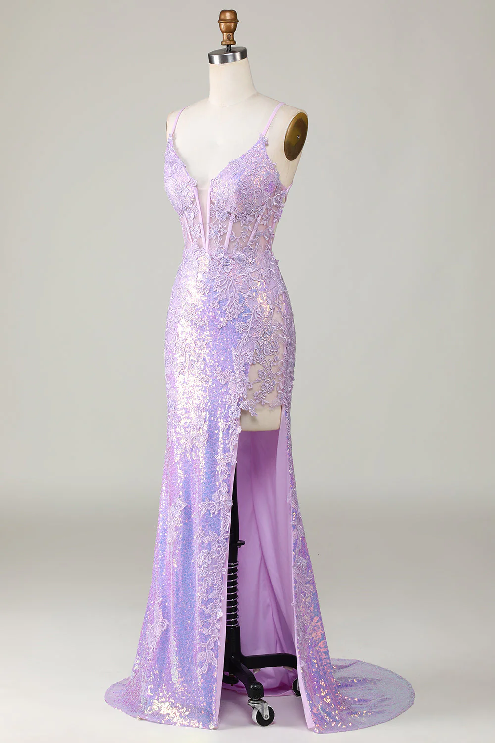 Bretelles spaghetti sirène scintillantes Robe de Soirée corset violette avec fente - Image 5