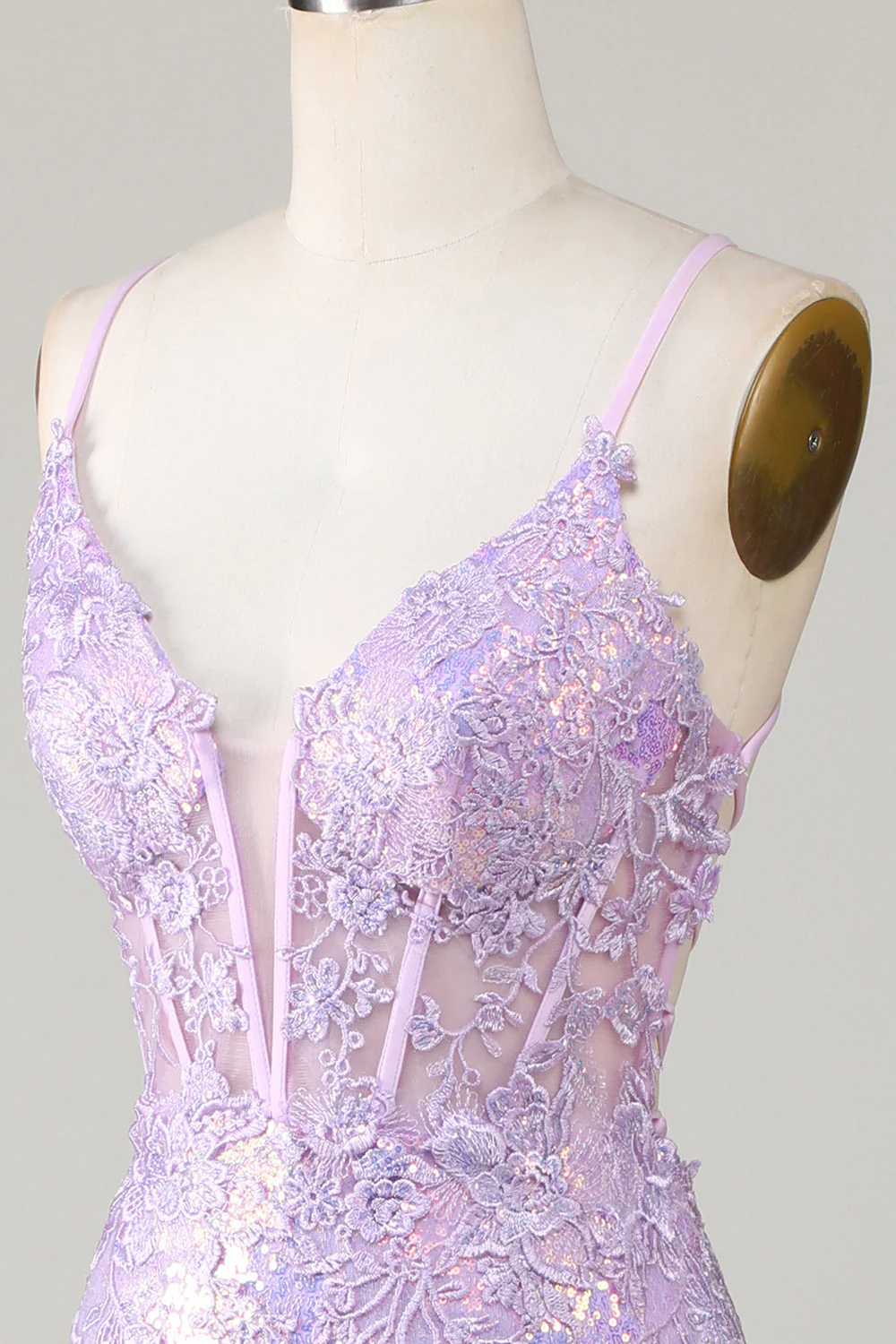 Bretelles spaghetti sirène scintillantes Robe de Soirée corset violette avec fente - Image 7