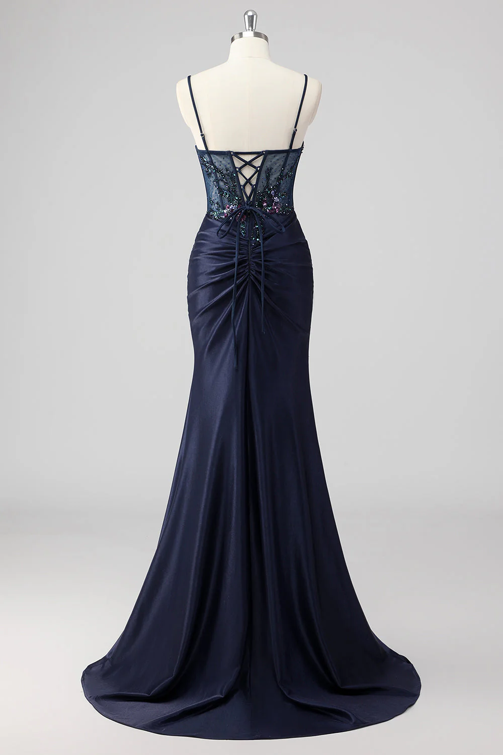 Sparkly Navy Sirène Sirène Paillettes Ruché Corset Robes De Soirée Longue avec Fente - Image 2