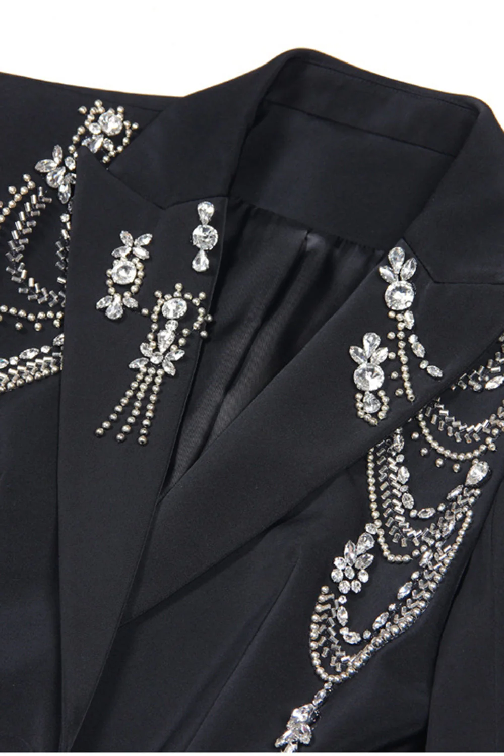 Blazer de bal pour femme noir scintillant à revers simple boutonnage avec strass - Image 2