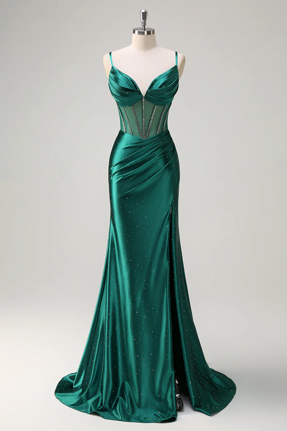 Robe de soirée longue vert foncé scintillant sirène bustier perlé bretelles fines avec fente