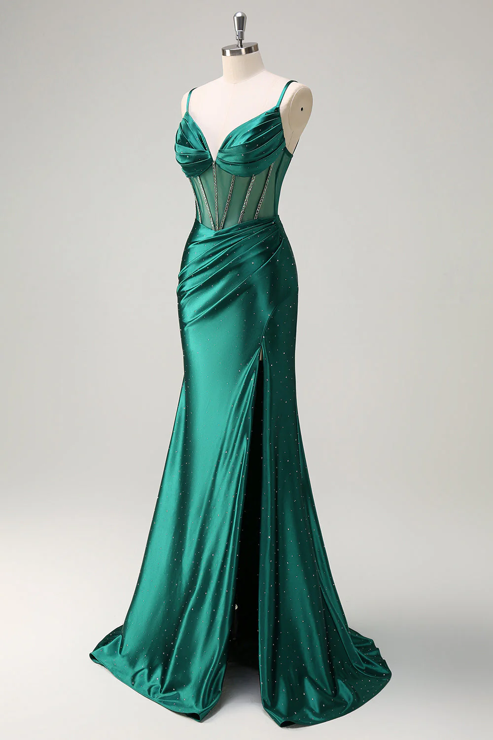 Robe de soirée longue vert foncé scintillant sirène bustier perlé bretelles fines avec fente - Image 3